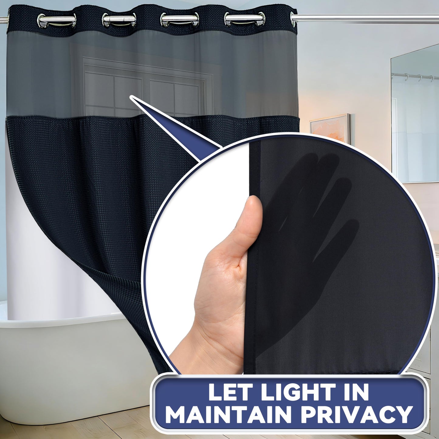 Conbo Mio No Hook Waffle Weave Shower Curtain with Snap in Liner Set, Hotel Luxury Black Shower Curtains for Bathroom with See Through Top Window, Waterproof, Washable 71W x 74H