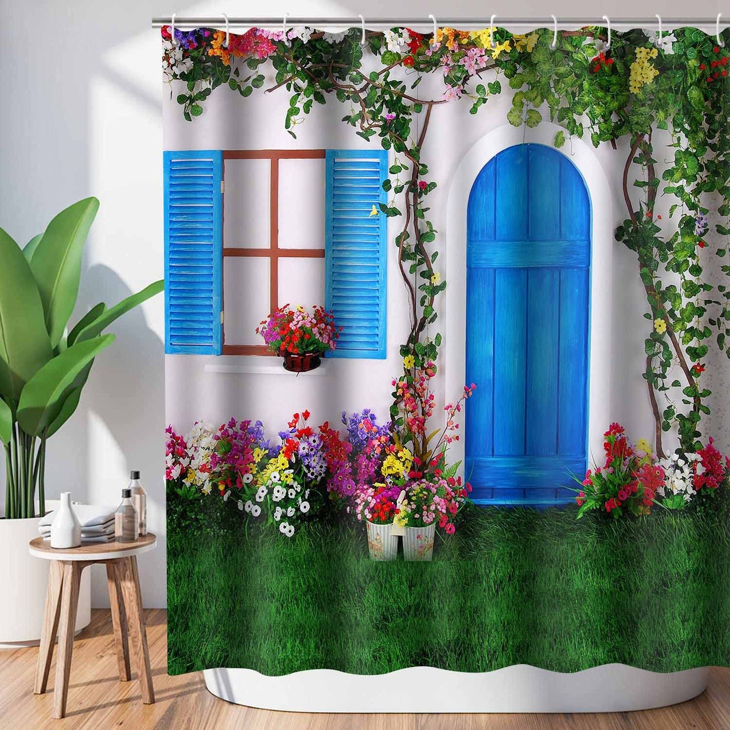 NTETSN Retro Floral Landscape Bath Curtain - Vintage Blue, 72x72 Inch Polyester Fabric with 12 Hooks