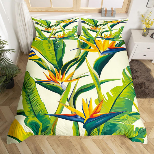 Erosebridal Tropical Comforter Cover Tree Duvet Cover for Kids Teens Green Plant Palm Leaves Bedding Set Jungle Botanical Leaf Quilt Bed Cover with 2 Pillow Shams for Bedroom Decor,King Size,Ivory