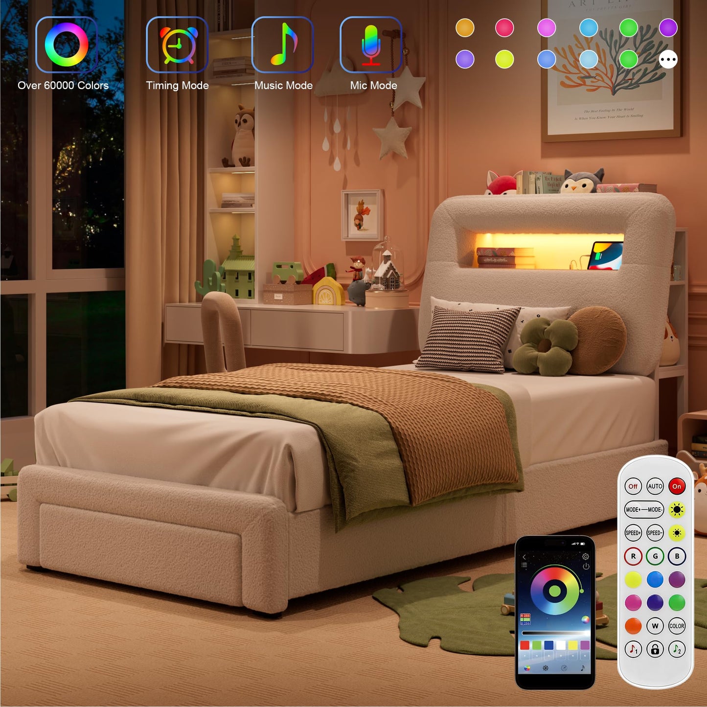 VINTLJUS Twin LED Bed Frame with Storage Headboard & Charging Station, Kids Bed Frames with Bookcase, Teddy Fleece Upholstered Platform Bed Frames with 1 Storage Drawer, No Box Spring Needed, Beige