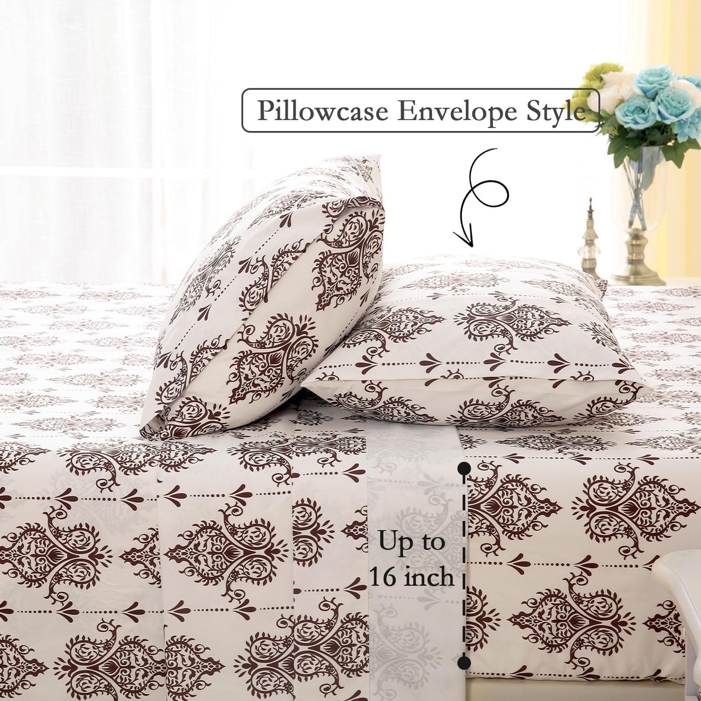 ChicView Queen Size Paisley Printed Sheet Set,4 Pieces Boho Style Breathable Soft Microfiber Bedsheets, Anti Pilling Deep Pockets Easy Care Bed Sheets, Brown