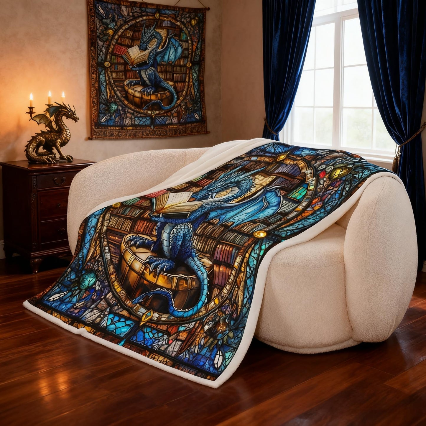 Western Dragon Kids Throw Blanket,Blue Dragon Reading Book Bookshelf Bed Blanket for Boys Girls,Geometric Patchwork Abstract Fleece Blanket,Trippy Chic Fuzzy Blanket,Throw Size (50 x 60 Inches)