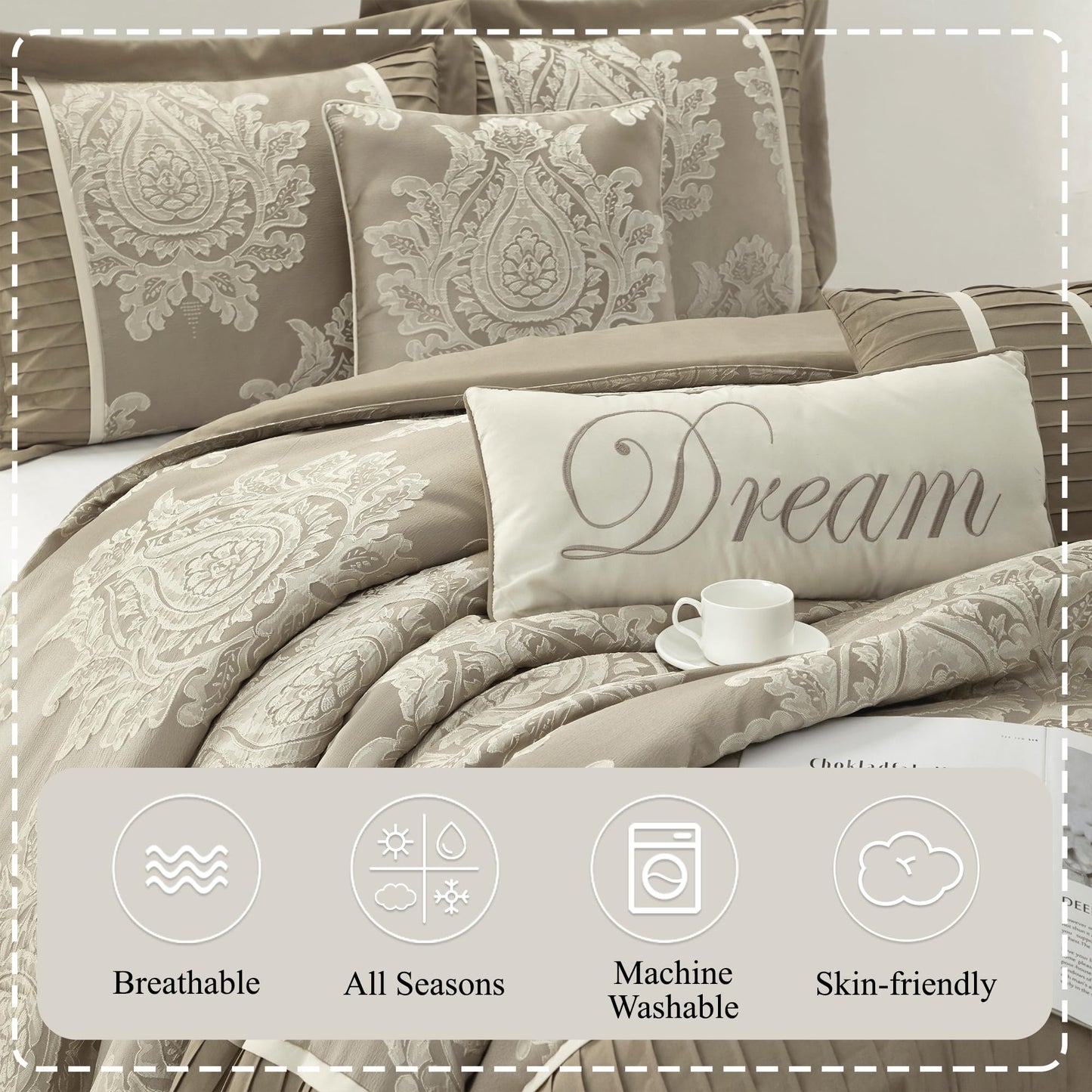 Stratford Park Beige Comforter Set King Size,7 Pieces Jacquard Bedding Set, All Season, Matching Bedskirt, Pillows & Shams
