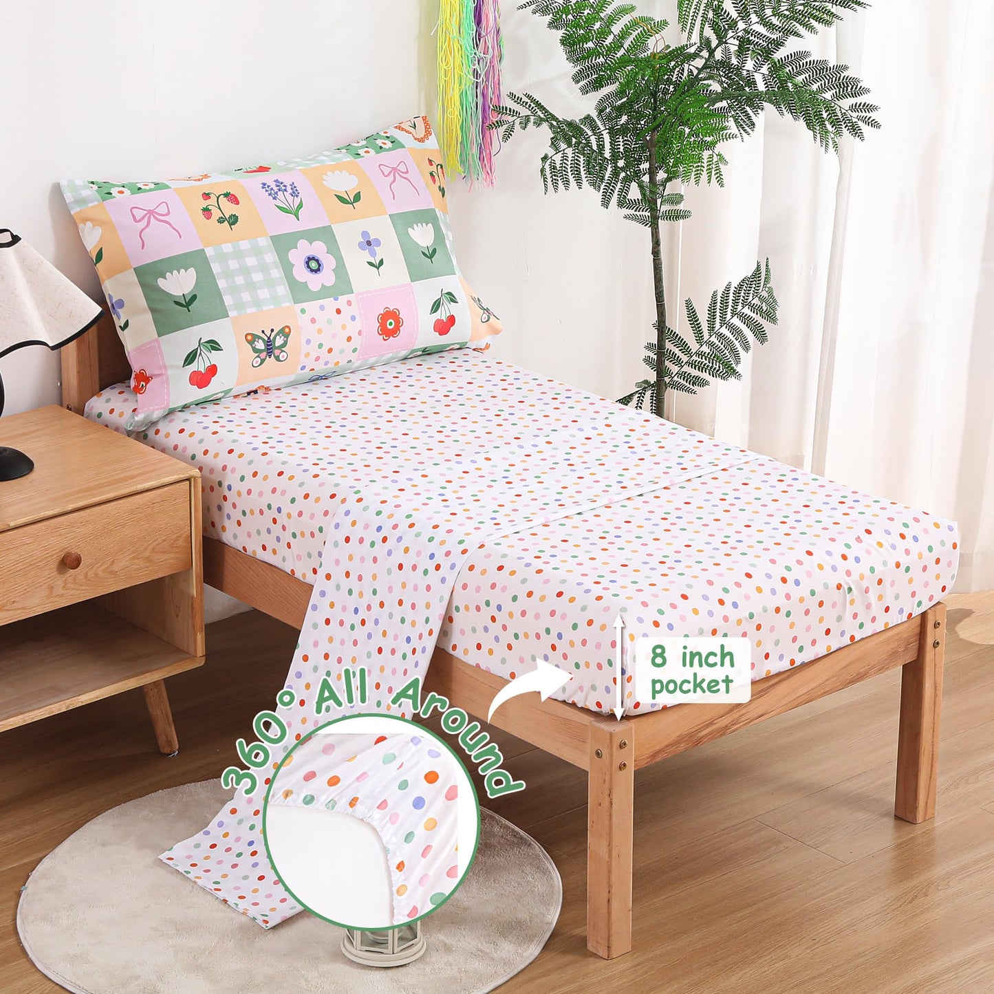 Mooreeke 4 Pieces Toddler Bedding Set - Green Floral Butterfly Toddler Comforter Sets for Girls, Includes Comforter, Flat Sheet, Fitted Sheet and Pillowcase, Bed in A Bag for Baby Bedroom