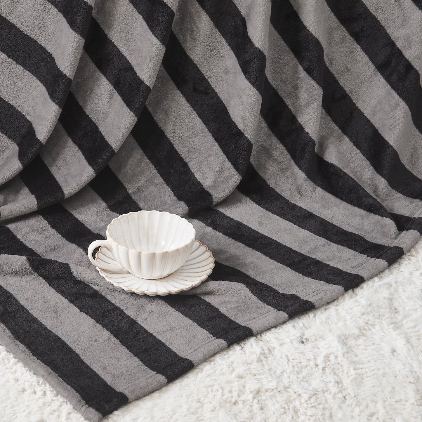 FY FIBER HOUSE Striped Flannel Throw Blanket - Soft Cozy Striped Blanket for Couch, Sofa, or Bed - 50"x60", Black Grey, All Season Use