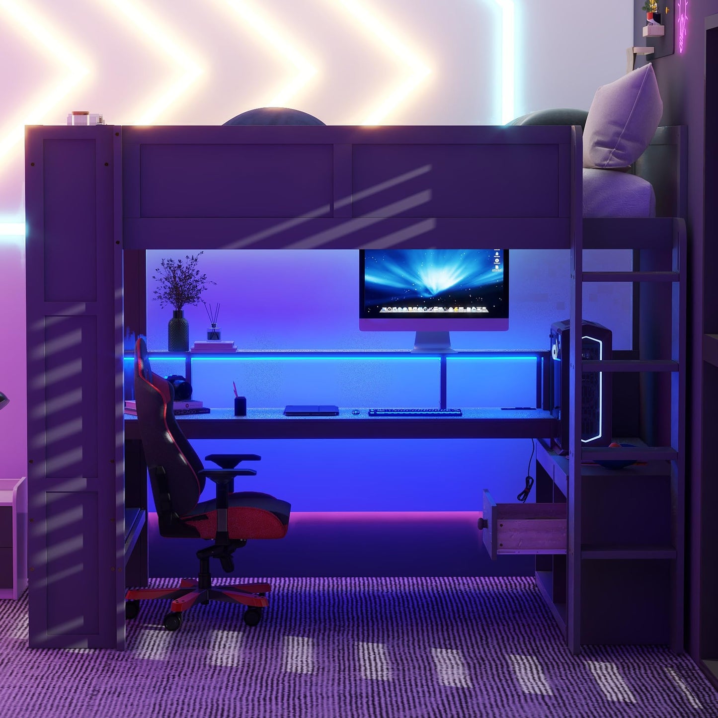 HRJHLucky Full Size Wood Gaming Loft Bed with Desk, Storage Shelves, LED and Charging Station (Full)