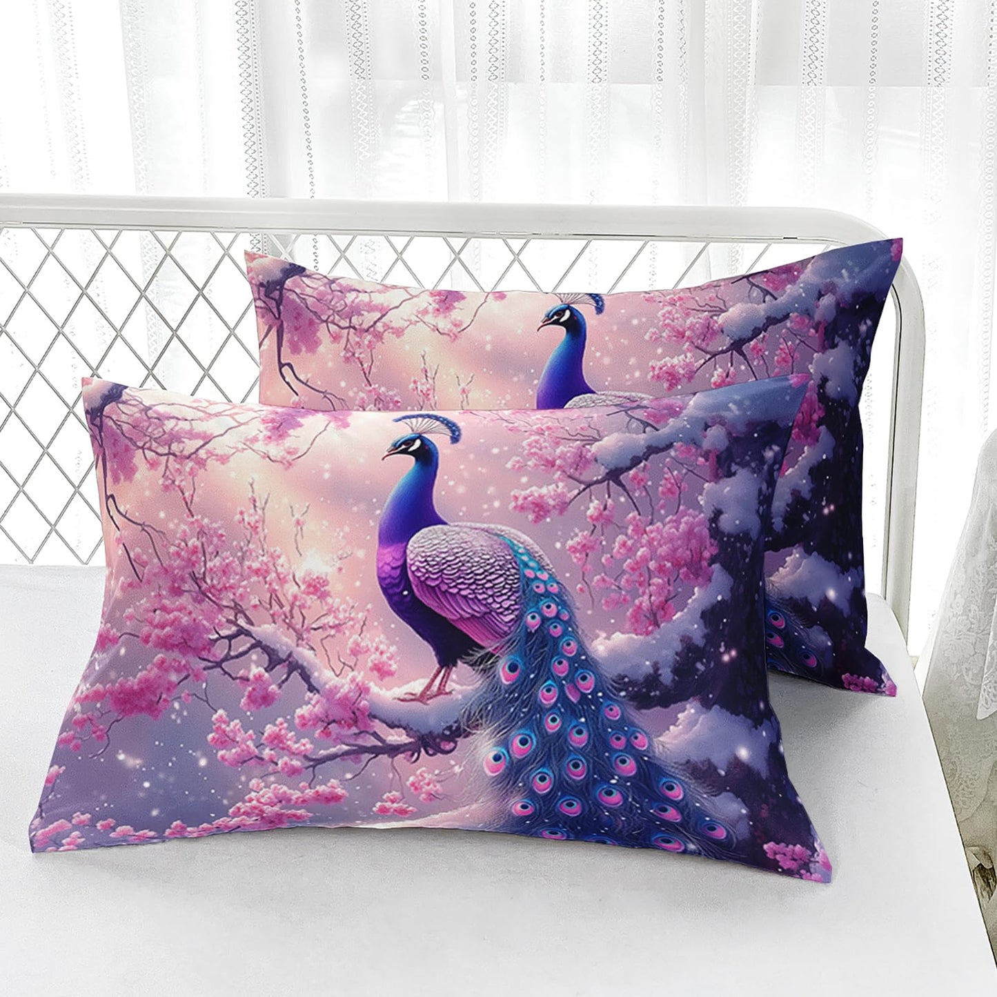 AILONEN Pink Peacock Bedding Set for Kids Girls Twin - Beautiful Floral Bird Fitted Sheet & 2 Pillowcases - 3 Pieces Elegant Animal Themed Sheet Set