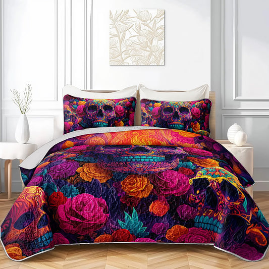 XYNHML Skeleton Skull Bone Fire Quilts Bedding Twin 3Pcs Gothic Colorful Rose Flower Quilt Bed Set Vintage Lightweight Soft Bedspread Coverlet with 2 Pillowcases for Kid Boy Girl Teen Adult Bed Decor