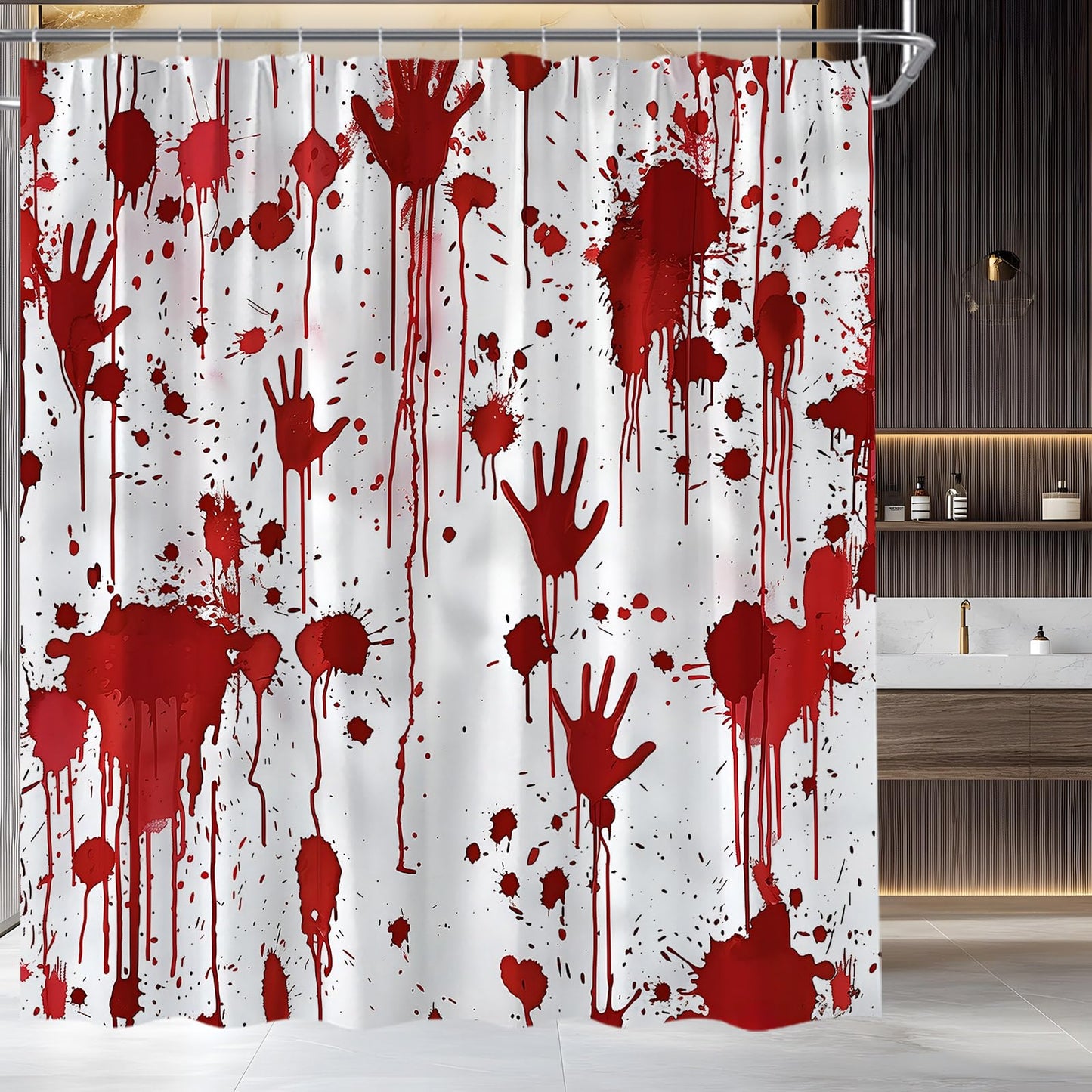 HWSSHW Bloody Halloween Shower Curtain Scary Horror Blood Handprint Red Splash Gothic Spooky Mysterious Terror Fabric Bathroom Decor Bath Curtain with Hooks