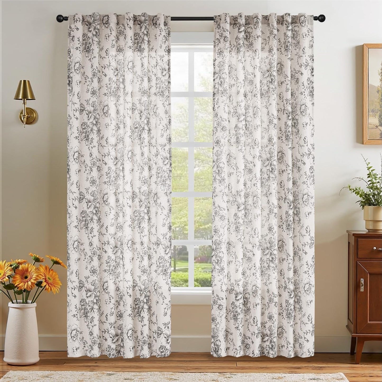 jinchan Floral Curtains for Living Room 84 Inch Length Farmhouse Printed Curtain Rod Pocket Back Tab Black Peony Flower Patterned Drapes Bedroom Window Curtains Set 2 Panels 25% Linen 75% Polyester