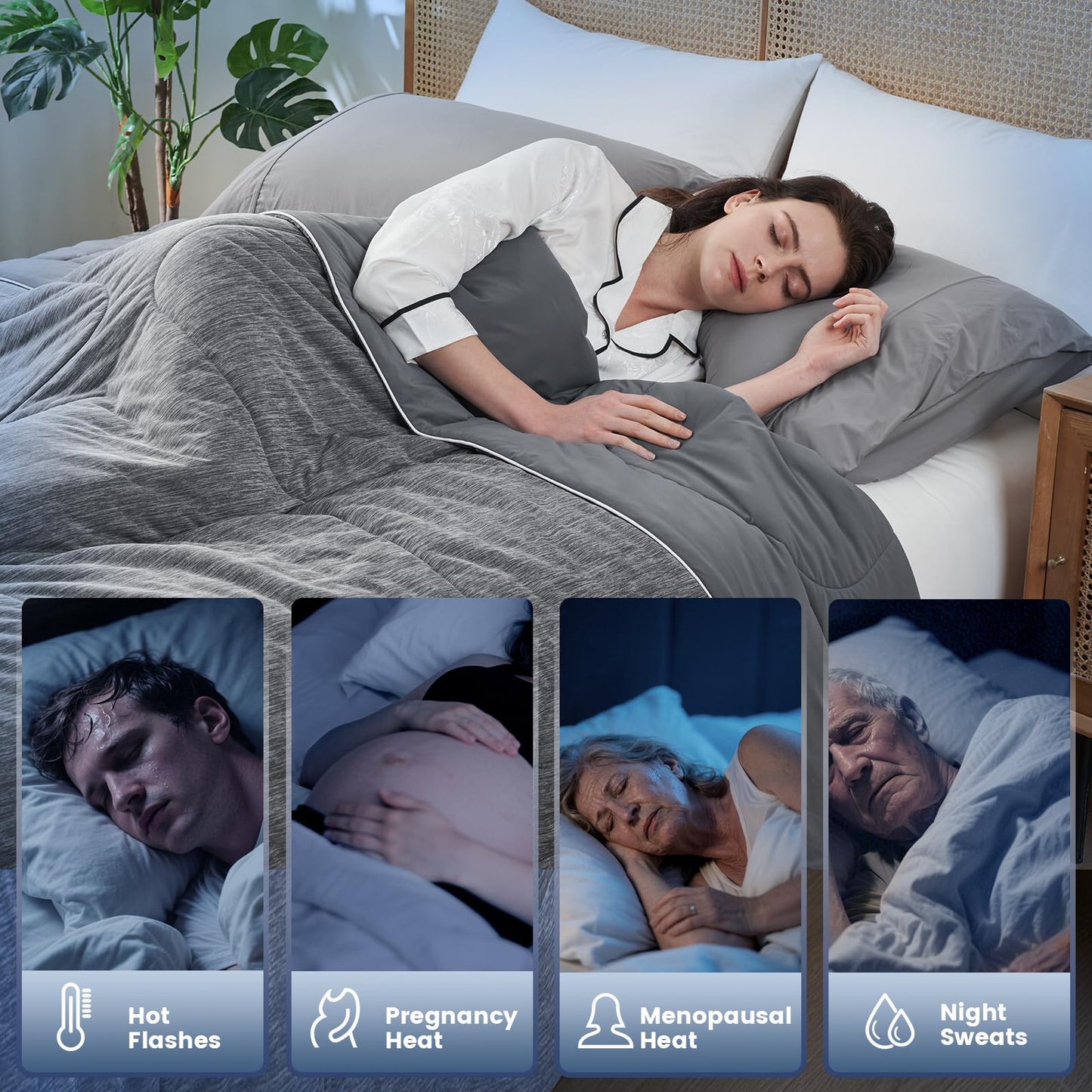Amélie Home Cooling Comforter Queen Size, Dual-Sided Lightweight Cooling Blanket for Hot Sleepers, Q-Max 0.43 Breathable Cooling Quilt for Night Sweats, 90" x 90", Heather Charcoal Grey