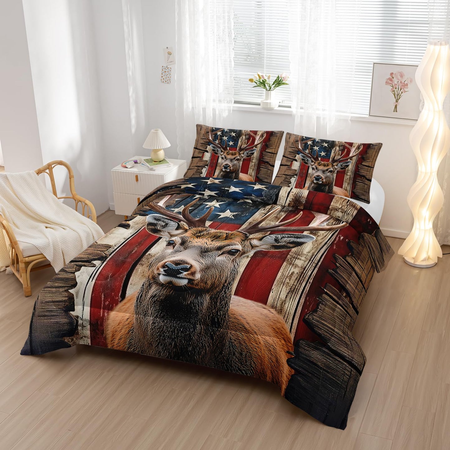 Nttopship Deer Hunting Comforter Sets Twin Size,American Flag Bedding Set 3 Piece for Girls Women Teens Adult Kids Boys,Woodland Moose Wildlife Room Decor Comforter Set with 2 Pillowcases
