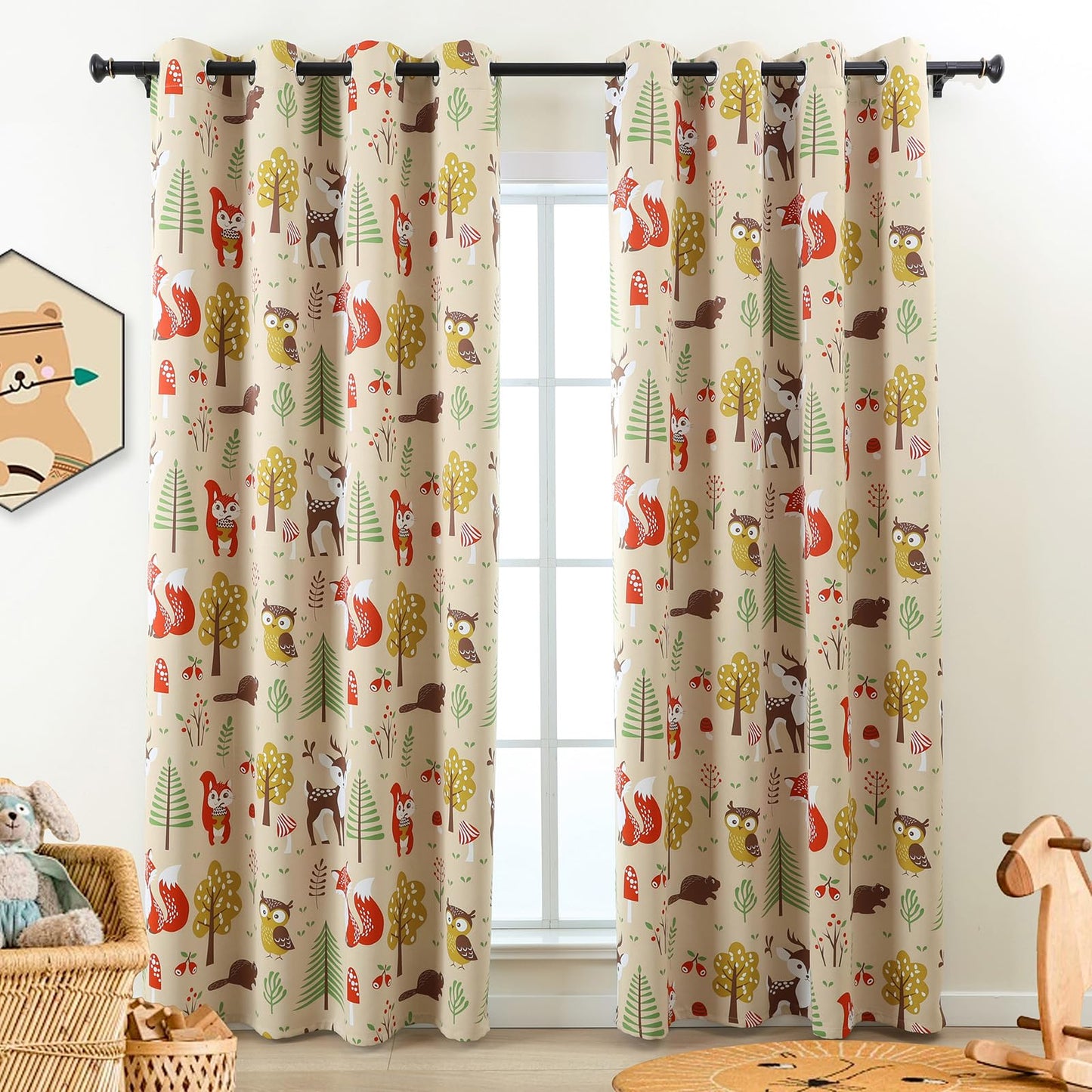 L.Z.E Cream Kids Curtains for Bedroom Nursery, 85% Room Darkening Blackout Thermal Insulated Drapes for Boys Girls Room, Beige Cute Animals Printed Design Grommet Top 2 Panels Set, 52 x 96 Inch