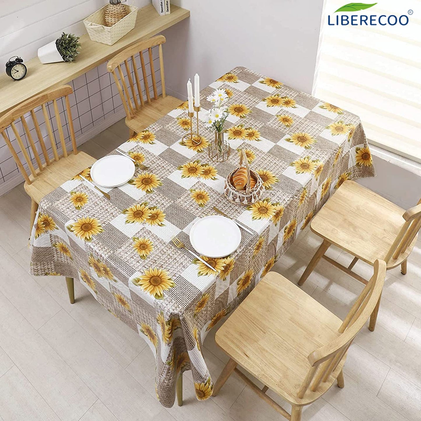 LIBERECOO Vinyl Tablecloth with Flannel Backing, Sunflower 60 x 84 Inch Rectangluar Tablecloths Stain-Resistant Waterproof Plastic Table Cover for Indoor/Outdoor