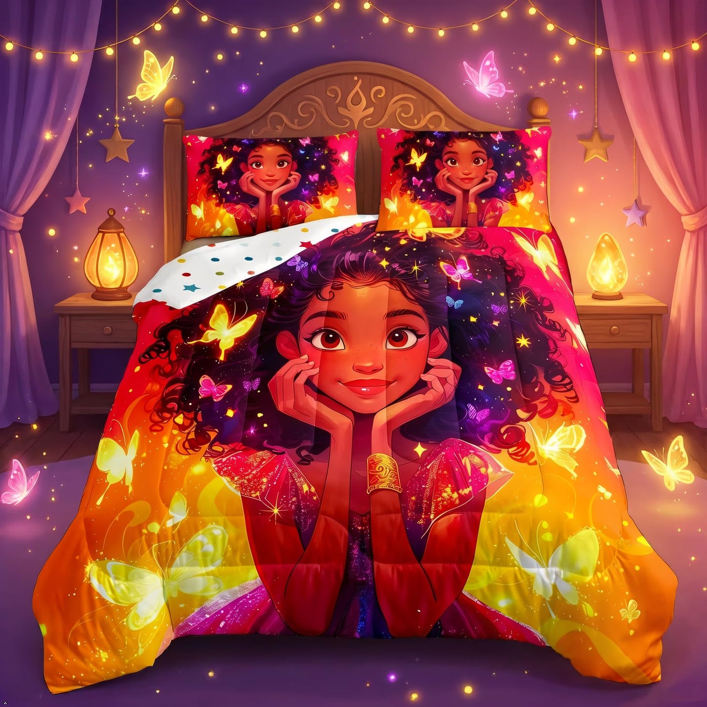 Erosebridal Black Girls Bedding Set Glitter Butterfly Afro Girl Twin Comforter Set for Girls,American African Princess Magical Quilt for Toddler Kids Teenager,Kawaii Room Decor