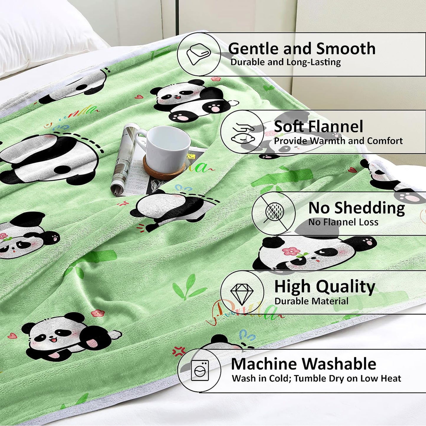Panda Blanket Super Soft Cozy Blankets Pandas Stuff Pandabear Gifts for Girls Toddler Adults Flannel Fleece Blanket Lightweight Cute Panda Accessories (Green Panda, 50"x60")