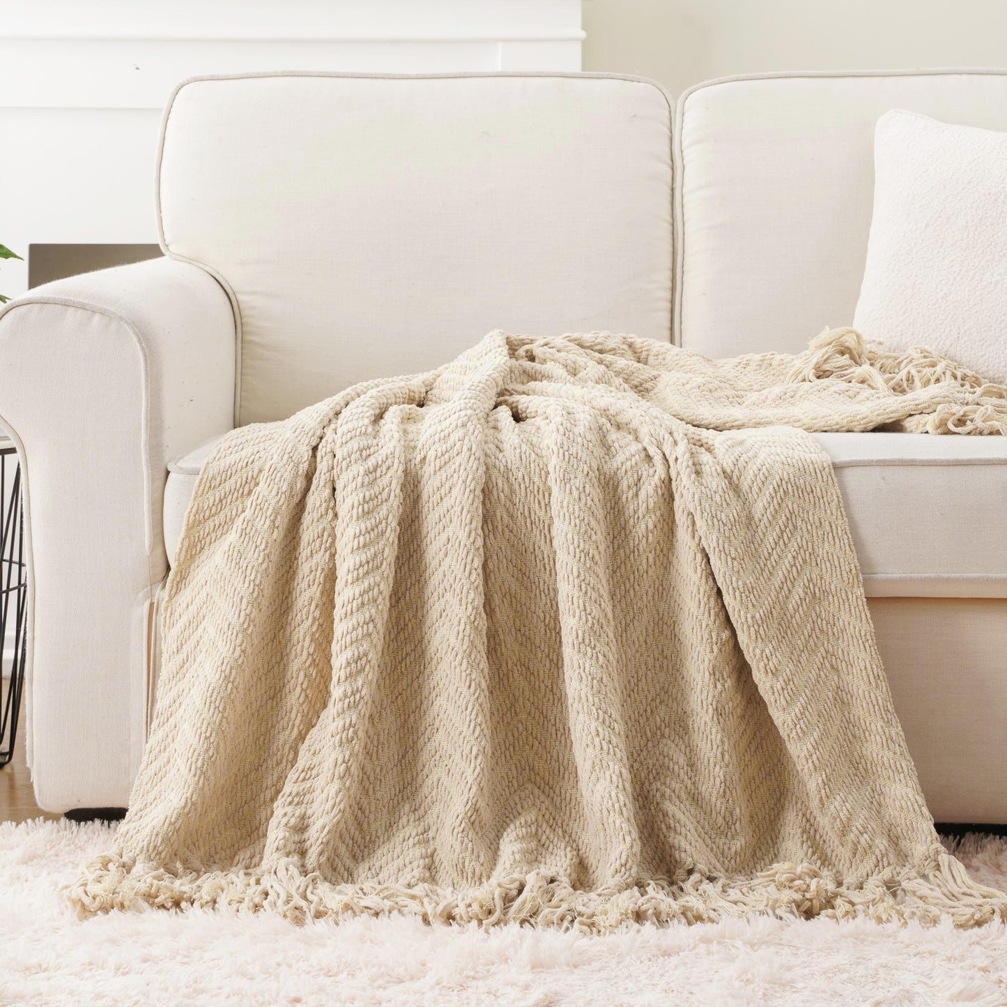 BATTILO HOME Beige Throw Blanket for Couch, Knitted Beige Throw for Bed, Neutral Throw Blankets Tan Throw Blanket for Room Decor Housewarming Gifts, 50" x 60"