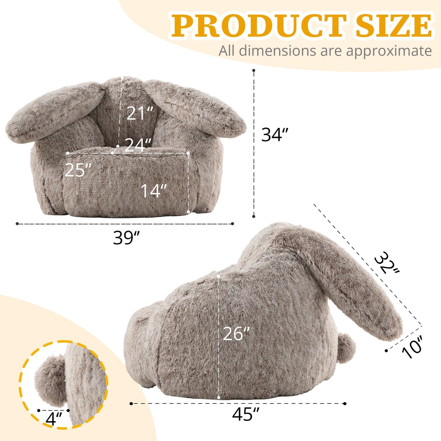 Achicsofar Bean Bag Chair for Adults Teens Giant Fluffy Plush Bean Bag Sofa with Filler Faux Fur Rabbit Shaped Beanbag Chairs Comfy Accent Floor Couch for Gaming, Reading in Bedroom, Living Room, Dorm