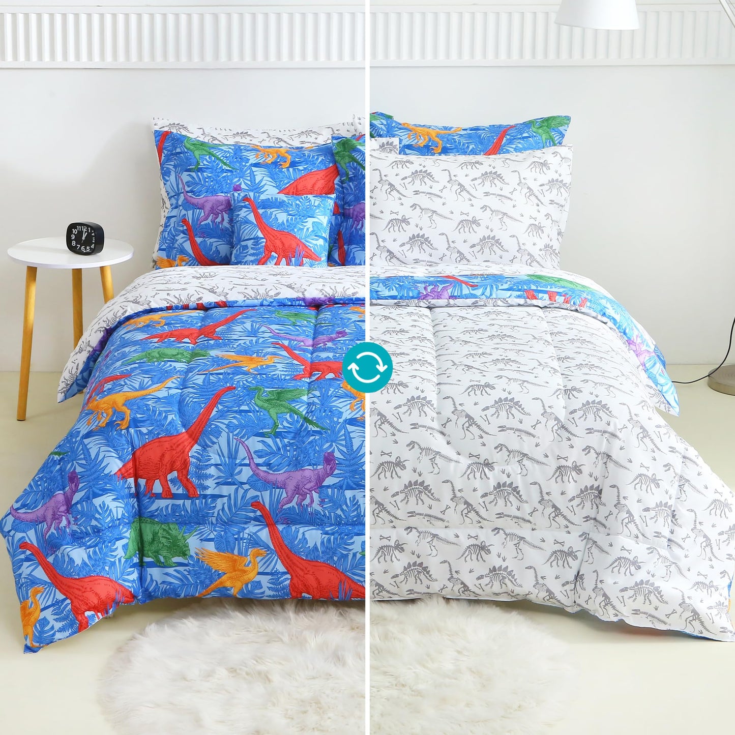 Mooreeke Kids Twin Comforter Sets for Boys 6 Pieces Blue Bedding Set for Teens Microfiber Dinosaur Kids Bed in A Bag with Comforter, Sheet Set, Shams and Decorative Toy Pillow All Season