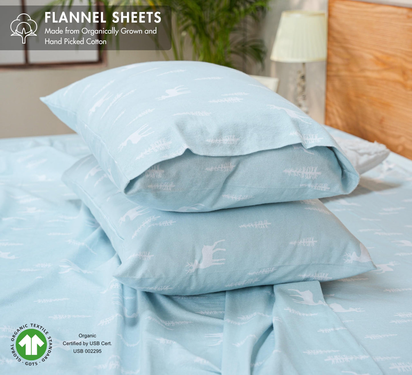RUVANTI Flannel Sheets Queen Size - GOTS Certified 100% Organic Cotton, 4 Piece Warm, Soft & Breathable Set, Deep Pocket Snug Fit, Double Brushed Cozy All Season Bedding, Blue Pine