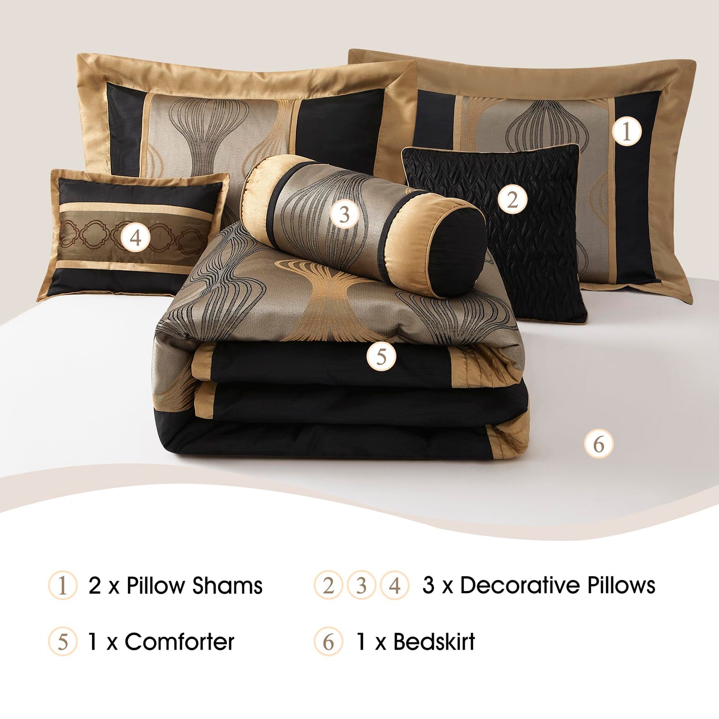 Stratford Park Black and Gold Comforter Set, 7 Pieces Jacquard Bedding Sets with Comforter, Bed Skirt, Pillows & Shams, Queen Size, Lightweight Microfiber, All Season Bedroom Home Décor