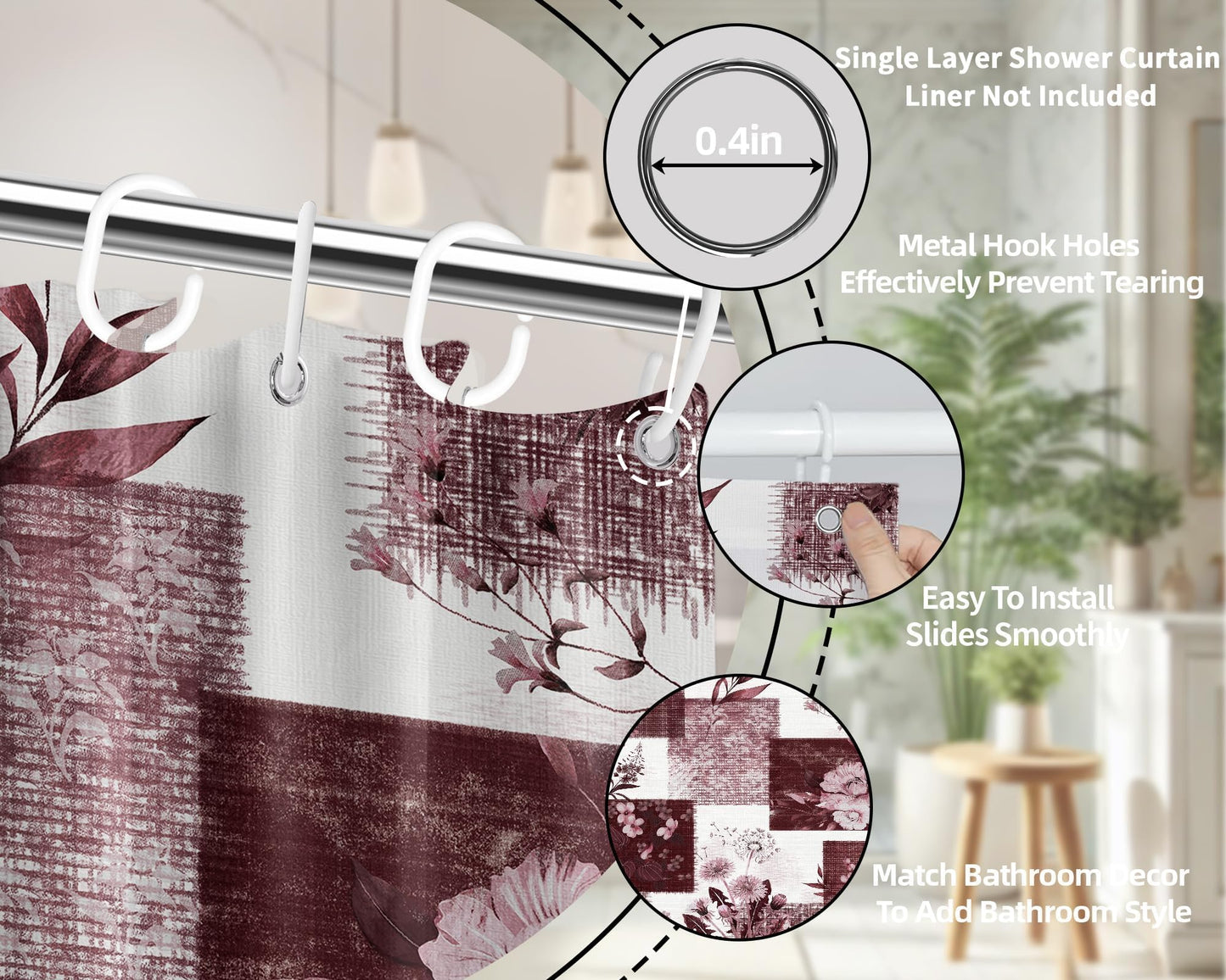 DLTAY Burgundy Patchwork Shower Curtain, 70 X 72 Inches