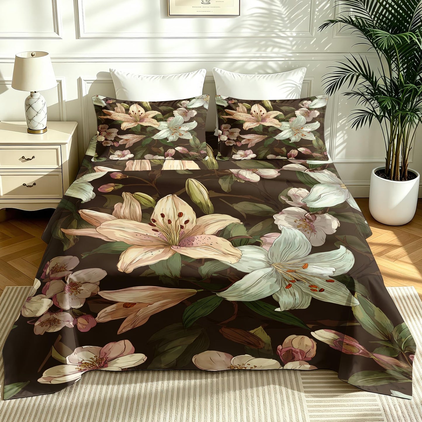 Lily Floral Sheet Set, 4 Pcs Queen Size Botanical Bed Sheets