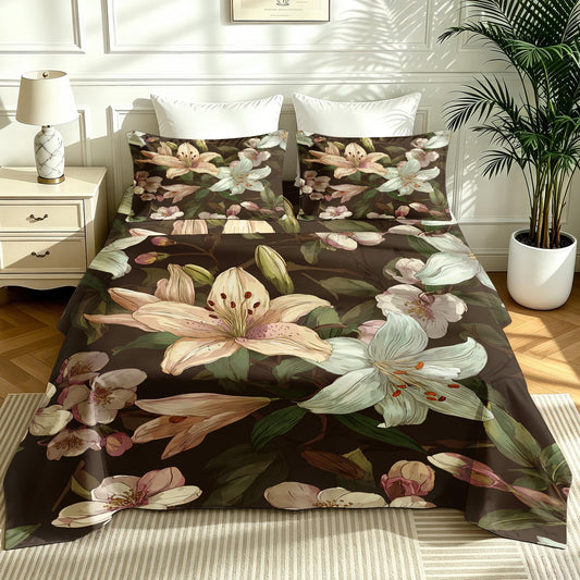 Lily Floral Sheet Set, 4 Pcs Queen Size Botanical Bed Sheets