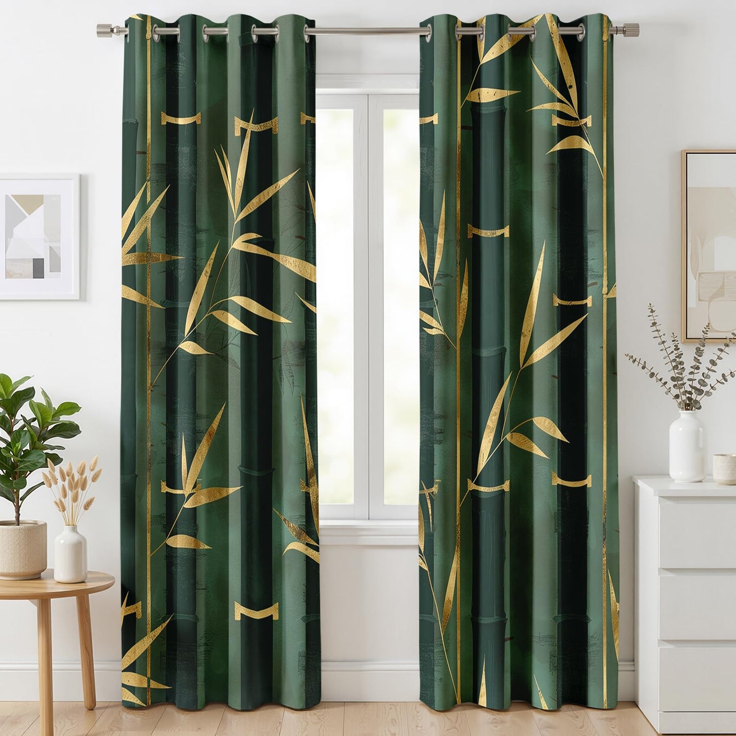 Mistwalk Gold and Green Bamboo Blackout Curtains for Bedroom & Living Room, 45 Inch Curtains 2 Panel Set, Room Darkening Thermal Insulated Grommet Drapes, Modern Art Zen Patterned Window Treatments