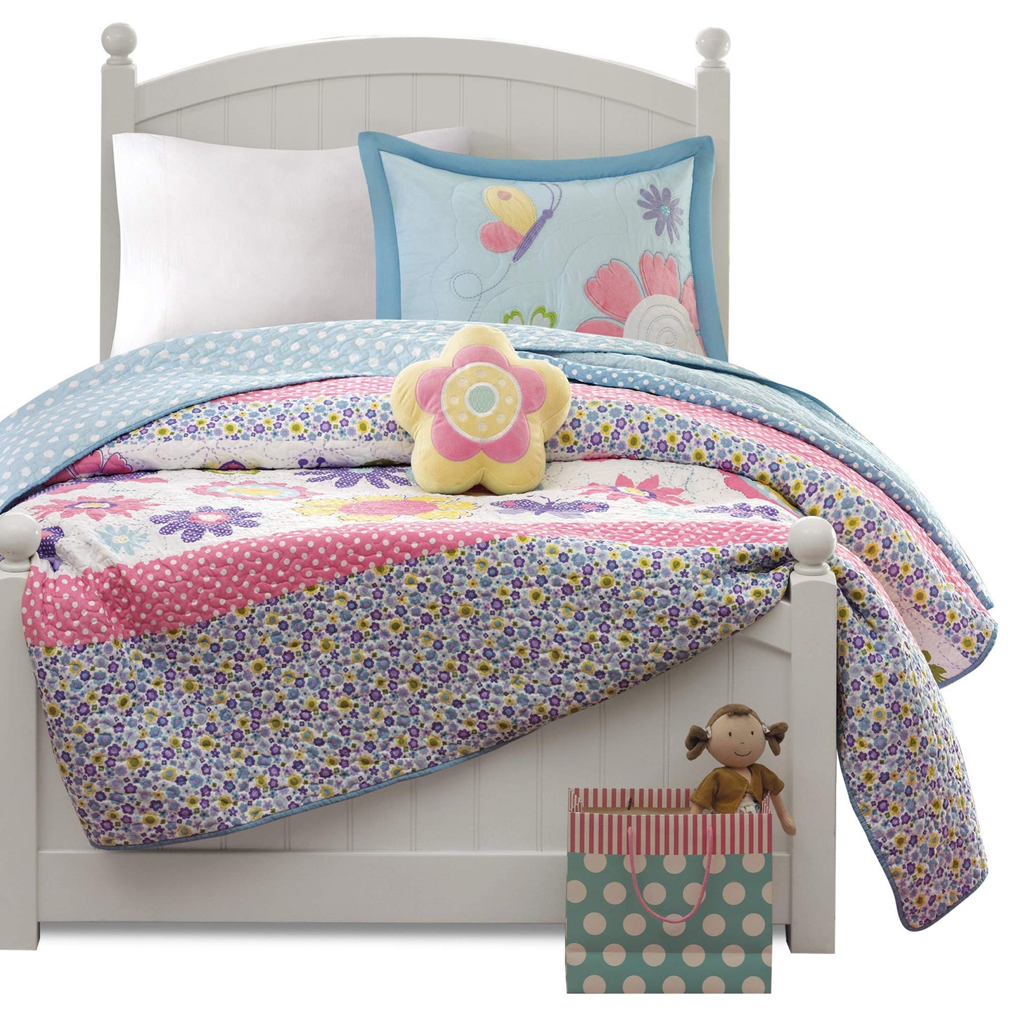 Intelligent Design Kids Crazy Daisy Bedding For Girls Quilt Set - Sky Blue, Pink , Flowers, Butterfly – Kids Girls Quilts – Ultra Soft Microfiber Quilt Sets Coverlet, Full/Queen 4Piece