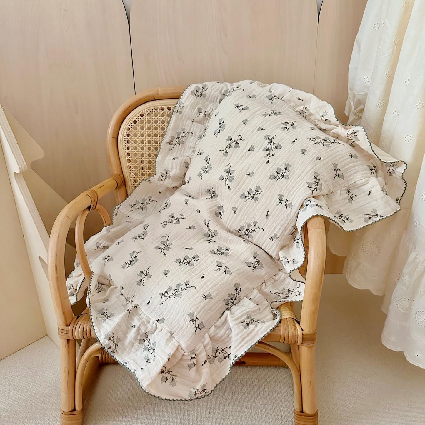 BuLuTu Muslin Duvet Cover Queen Bedding Set, Chic Shabby Floral Ruffles Quilt Cover 90"x90", Gauze Cotton Comforter Cover with 2 Pillowcases, Hyacinth Pattern, Zipper Closure, All Season