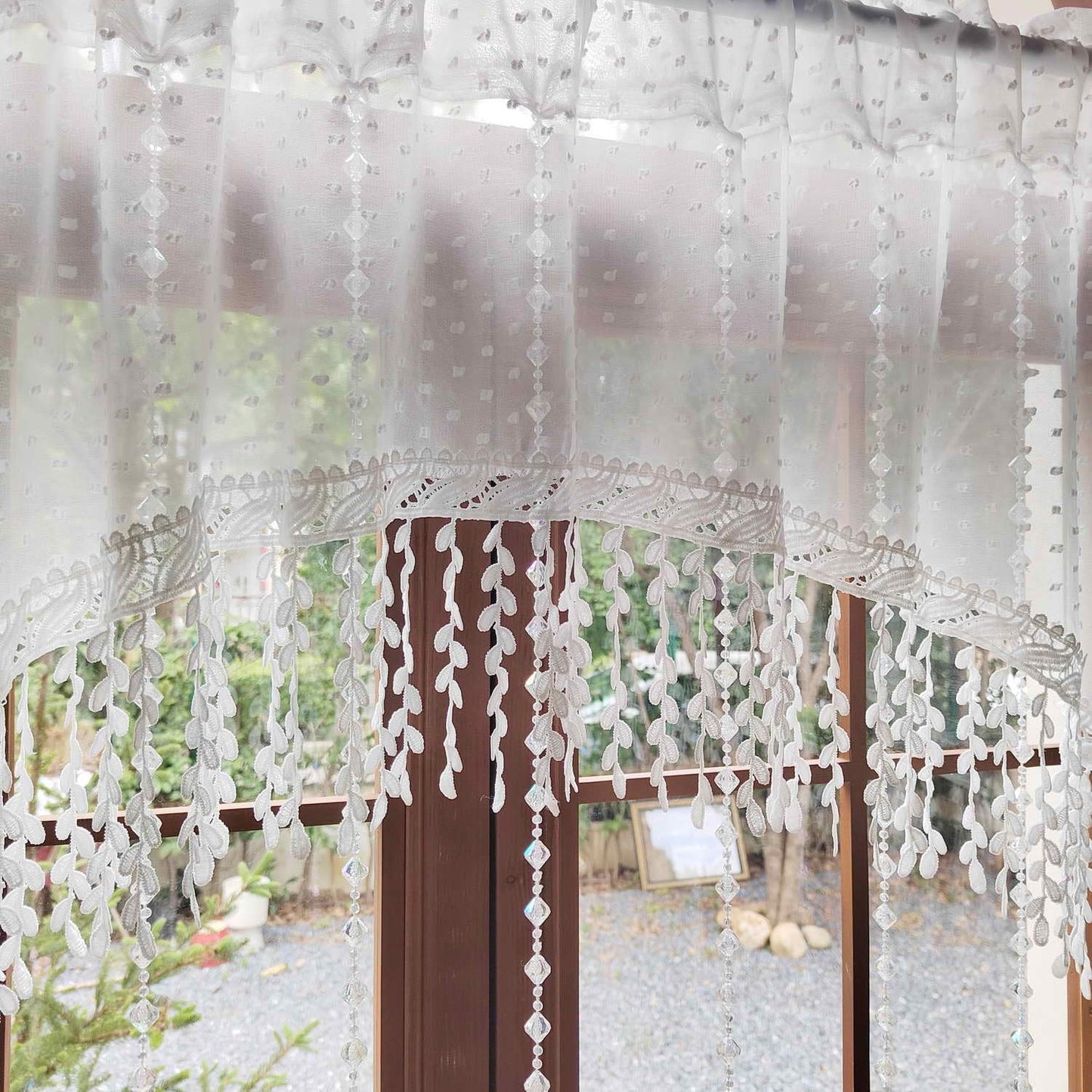 White Arched Sheer Valance Boho Pompom Short Curtain Tier with Crystal Beads for Doorways Tassels Swag Curtain Room Divider Dining Room Glass Door Rod Pocket 1Panel (W59 X L43 INCH,White)