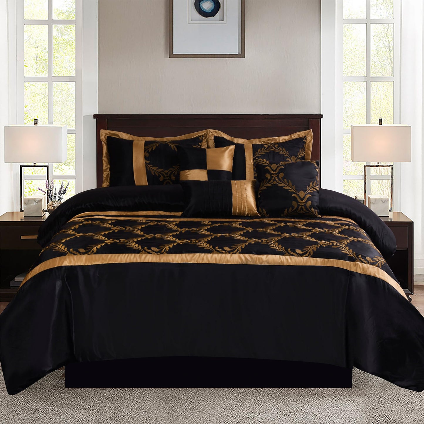 HIG 7 Piece Bed in A Bag Comforter Set Queen - Black and Gold Faux Silk Fabric Embroidered - Breathable and Wrinkle Resistant -1 Comforter, 2 Shams, 3 Decorative Pillows, 1 Bedskirt