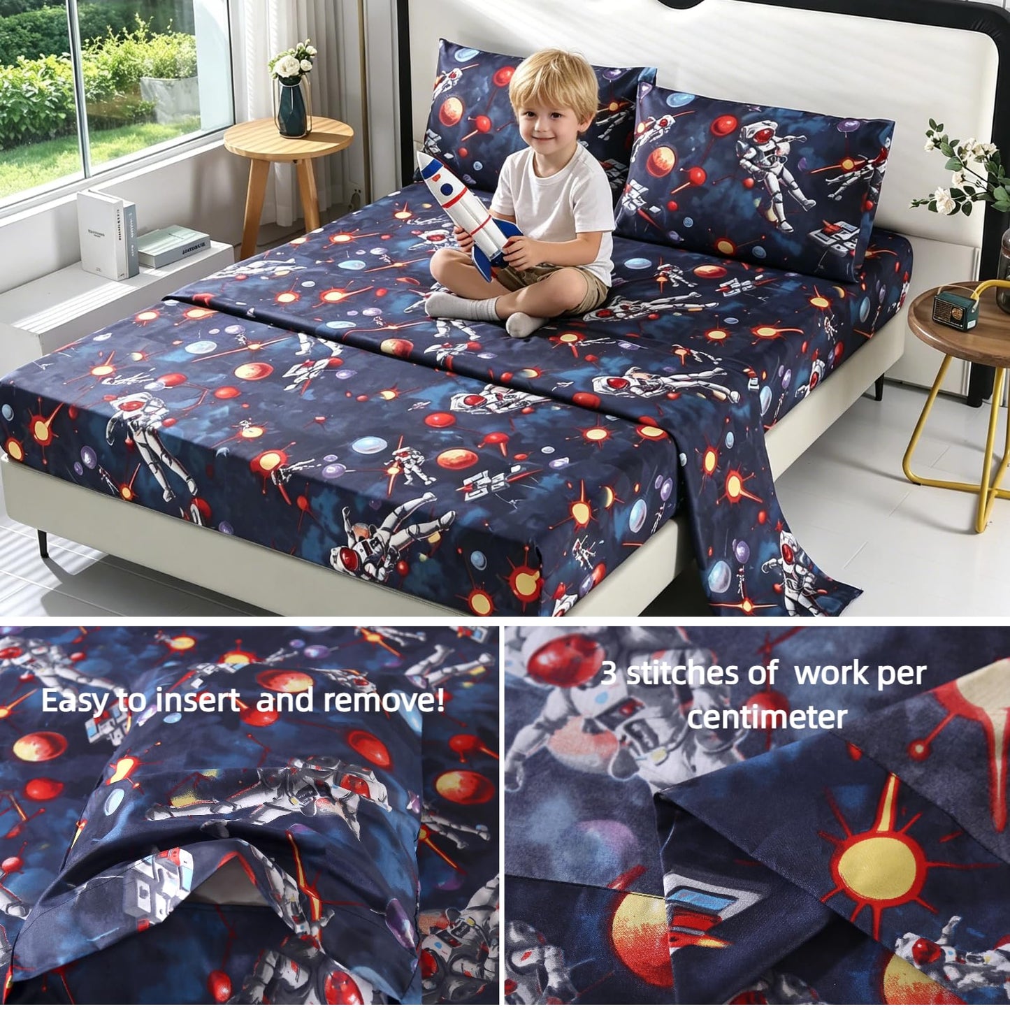 SDY 4 Pieces Space Sheets Set Full,Space Bedding with 1 Deep Pocket Fitted Sheet & 1 Top Flat Sheet & 2 Pillowcases for Kids Teens Boys Children Toddler