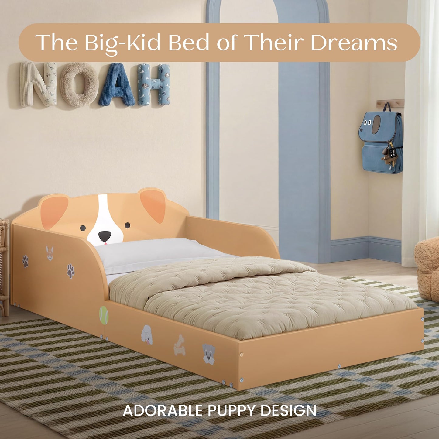 Delta Children Puppy Wood Floor Toddler Bed with Reusable Stickers, Brown