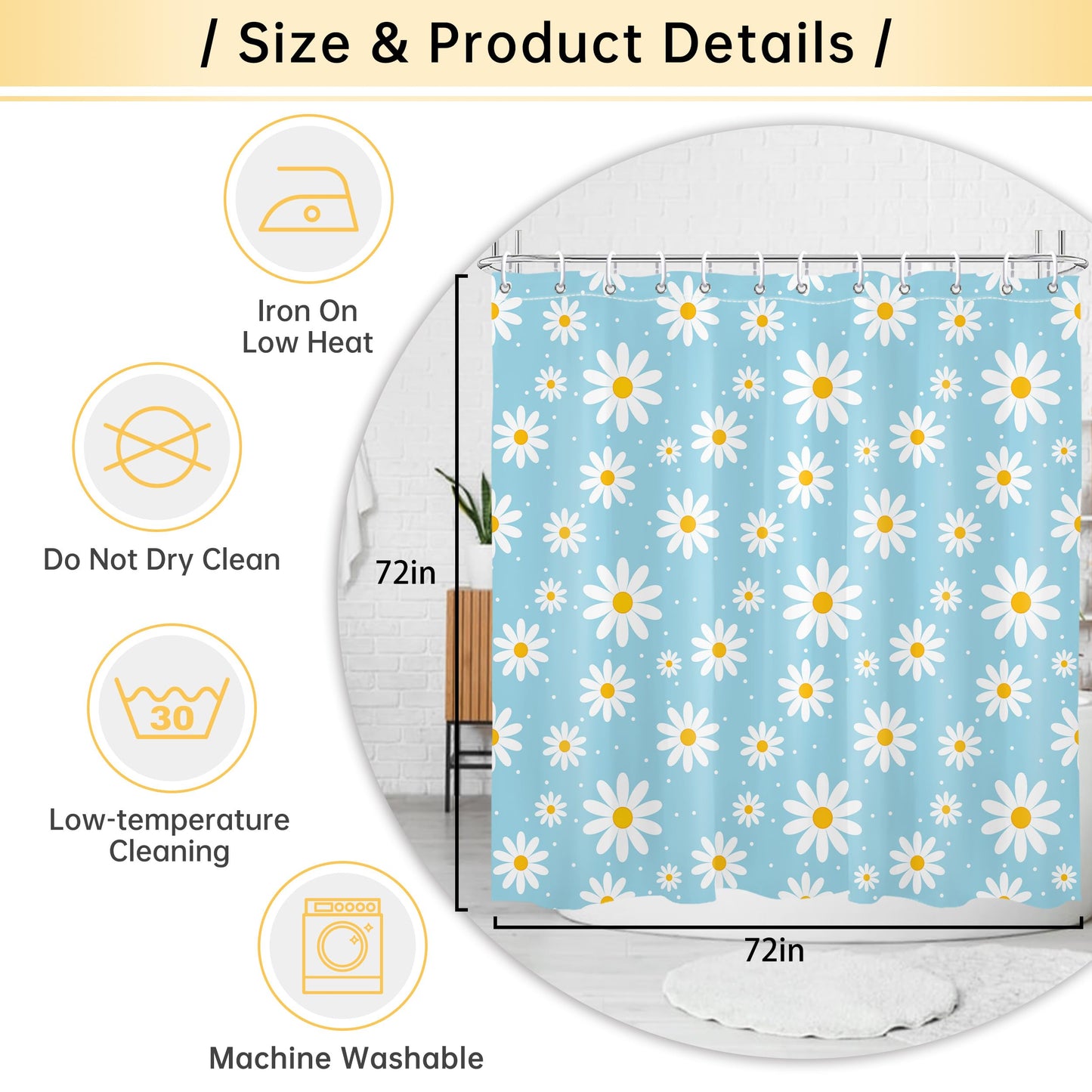 Mayormyth Shower Curtain Blue Floral Cute Daisy Bathroom Curtains for Girls Bathroom Decor Boho Retro Shower Curtain Set Polyester Waterproof Cloth Fabric with Hooks