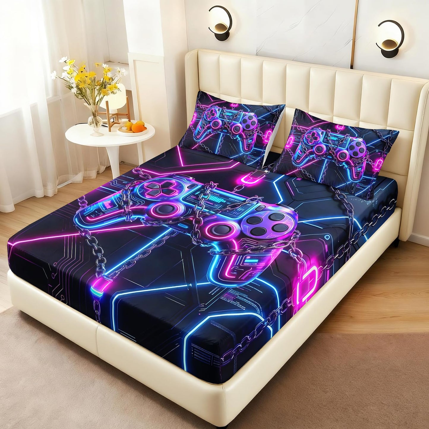 AILONEN Gaming Fitted Sheet Set Full - Neon Controller Print Microfiber Sheet - Modern Gamer Bedding for Boys Girls & Decor - 2 Pillowcases