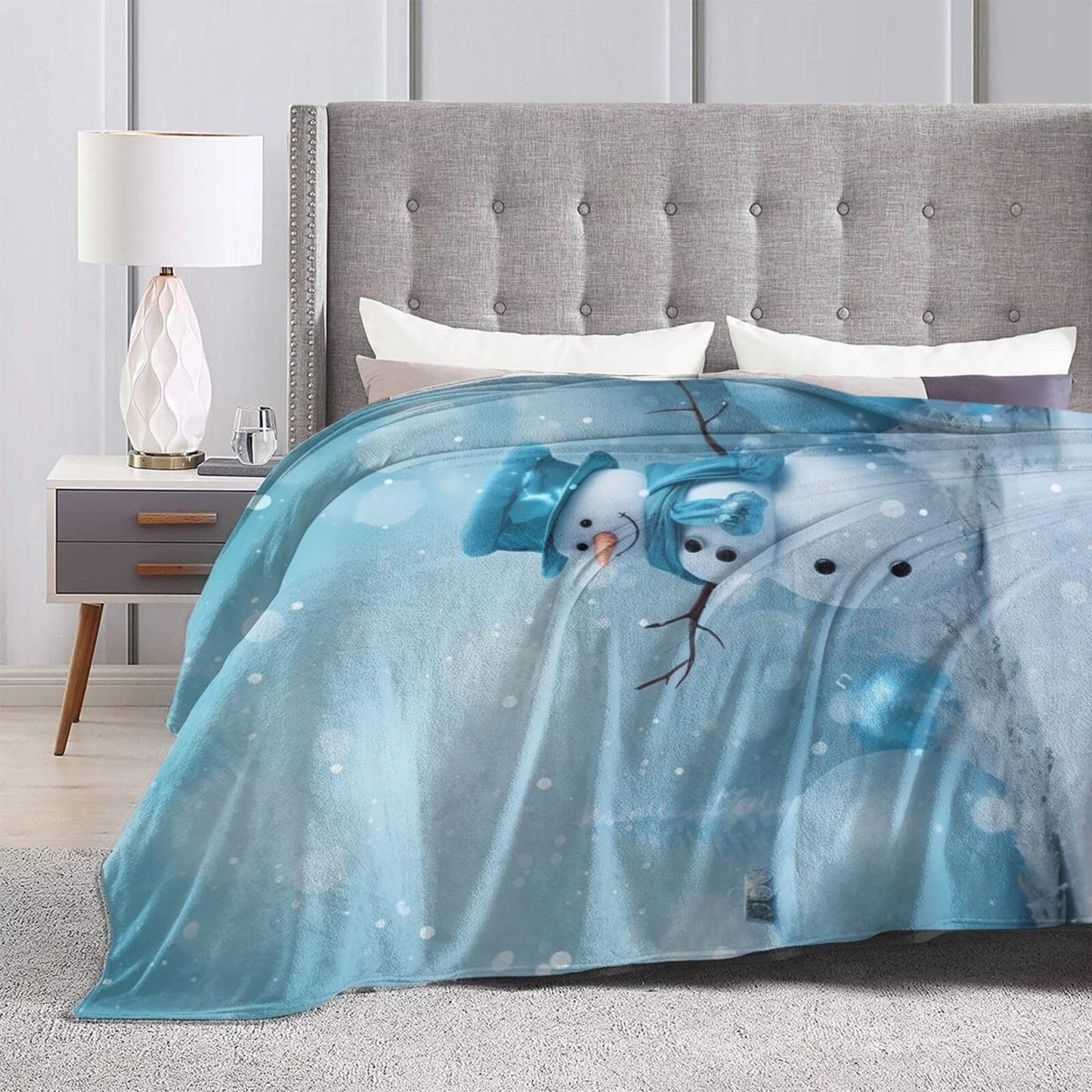 Christmas Snowman Ultra-Soft Flannel Throw Blankets, Blue Night Blanket for Bed Couch Sofa, All Seasons Home Camper Travel 60"x50"