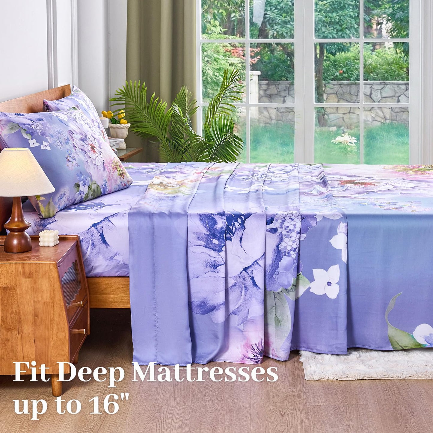 YIYEA 100% Viscose Derived from Bamboo Sheets, 600 Thread Count Cooling Bed Sheet Set for Hot Sleepers, Silky Soft, Breathable, 16" Deep Pocket, 3PC, Twin, Floral