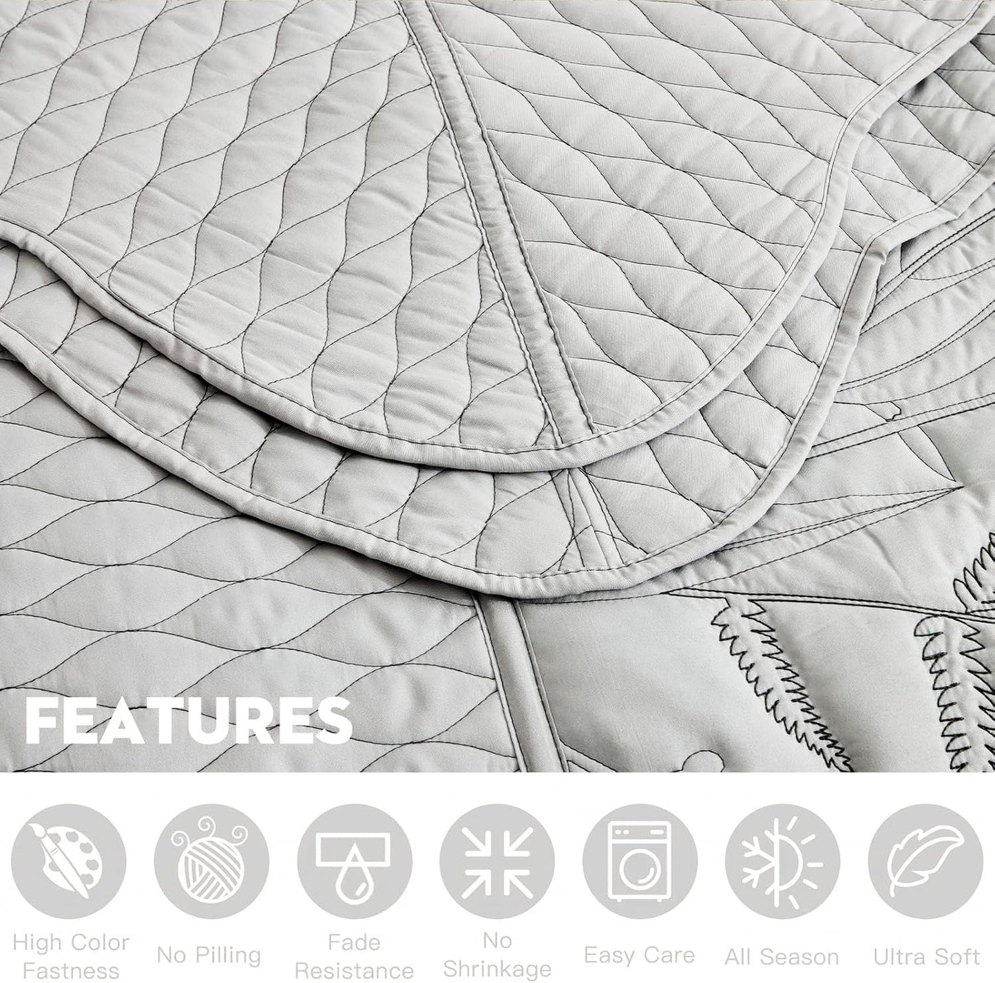 DaisyHuang Botanical Oversized Bedspread Queen Size - Leaves Pattern Stitching Quilt Set - Elegant & Fresh Style Bedding Coverlets, Reversible, Lightweight, 5 Piece, Grey