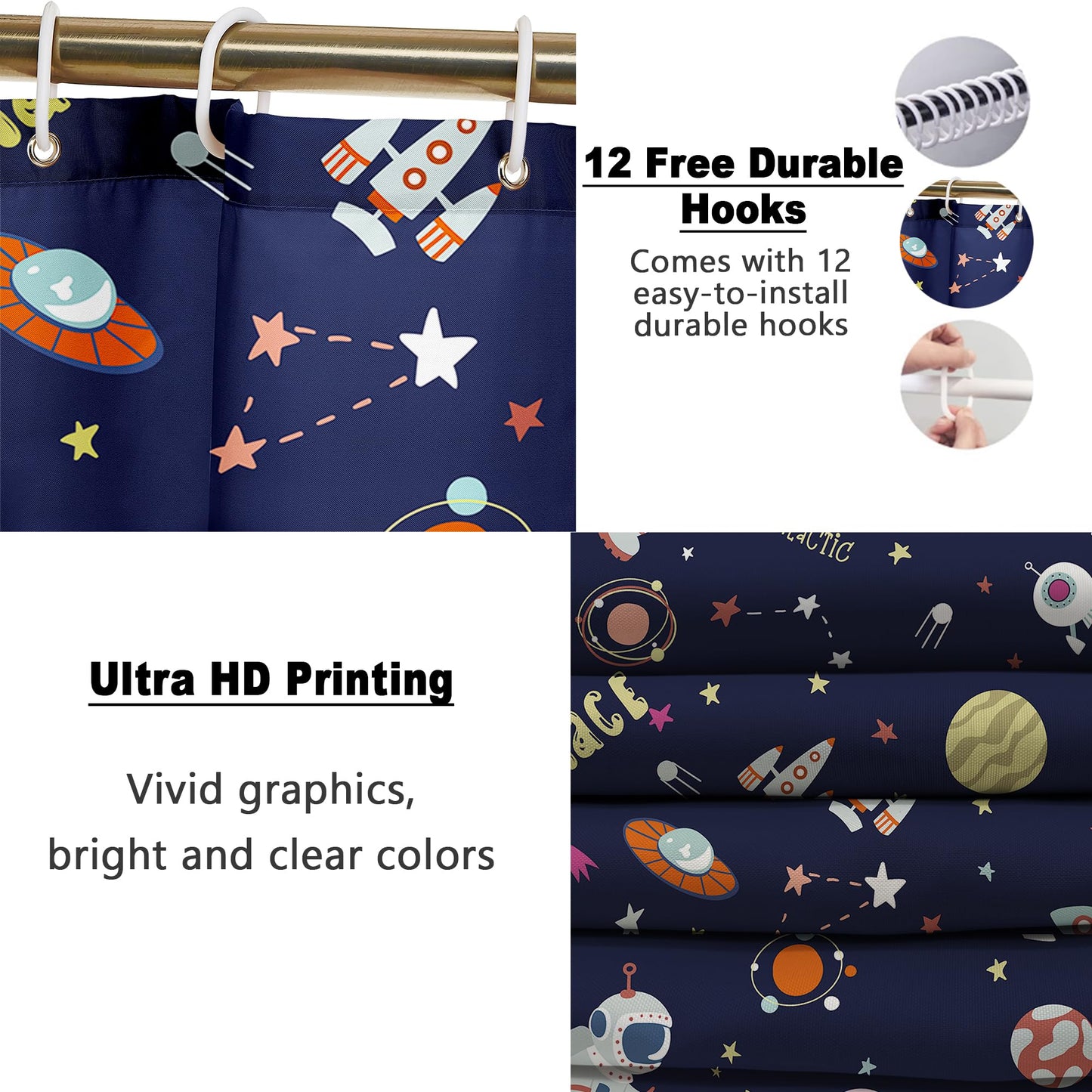 Poedist 4 Pcs Bathroom Shower Curtain Set, Bathroom Set, Space Shower Curtain Sets with Rugs(Bath Mat,U Shape and Toilet Lid Cover Mat) and 12 Hooks