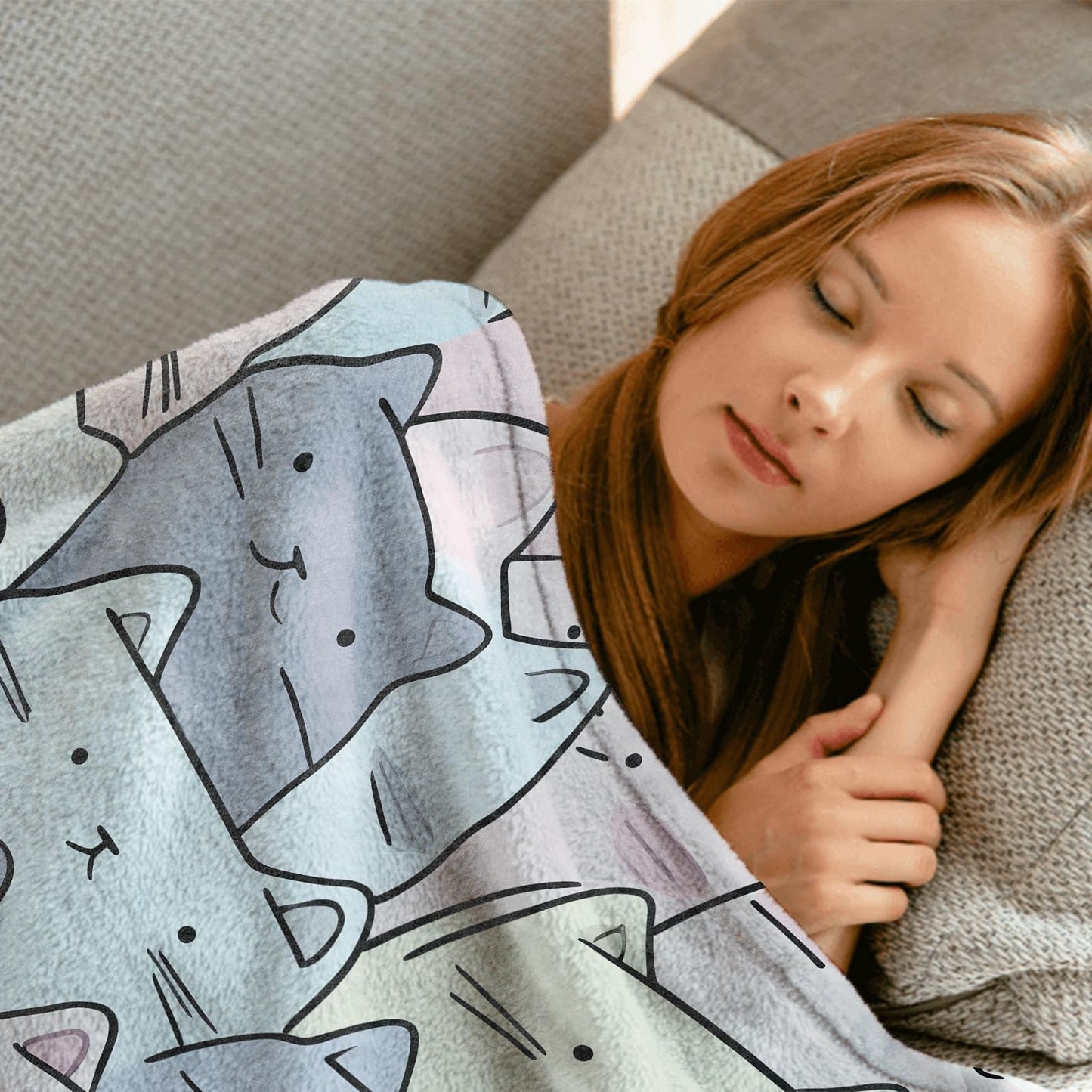 MIEPOS Cute Pastel Cat Face Throw Blanket, 50x60in, Soft, Lightweight Flannel,Kawaii Cartoon Cats in Pink, Blue, Cream and Lilac Blankets, Gifts for Women, for Home Living Room Decor