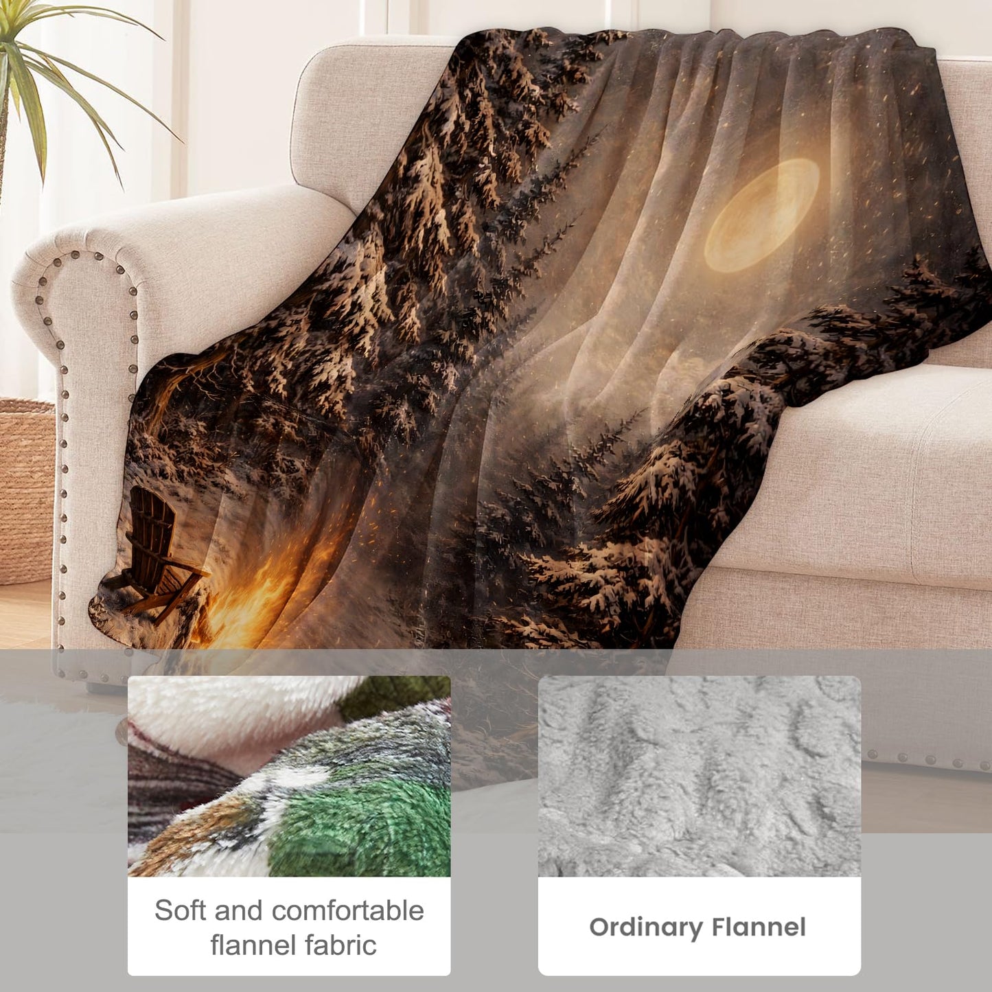 cromcu Winter Campfire Blanket Soft Lightweight, Snowy Forest Moonlight Flannel Throw Blankets for Bed Sofa Office RV Travel Home Bedroom Rustic Decor, Camping Lovers Gifts 60"X50"