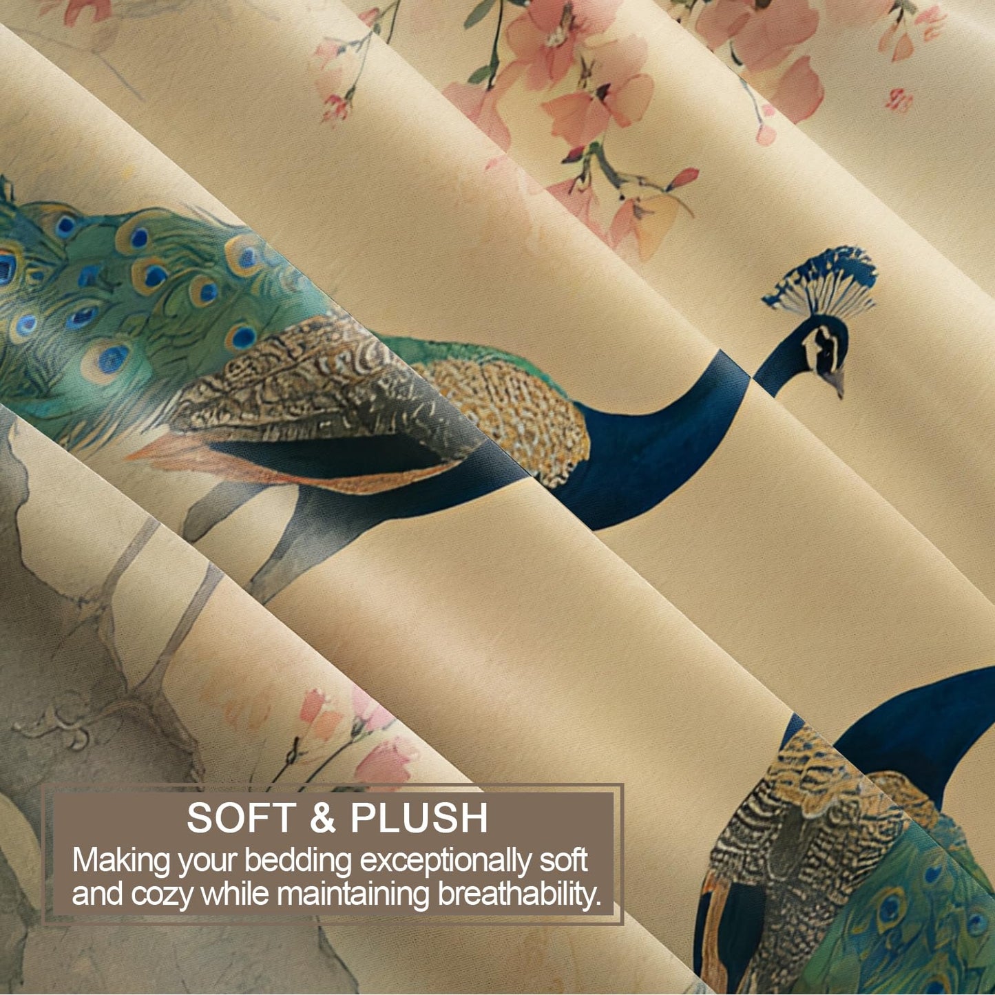 Peacock Duvet Cover Twin Size, Retro Bird Animal Comforter Cover 68" x 90", Oriental Floral Bedding Set with 2 Pillowcases
