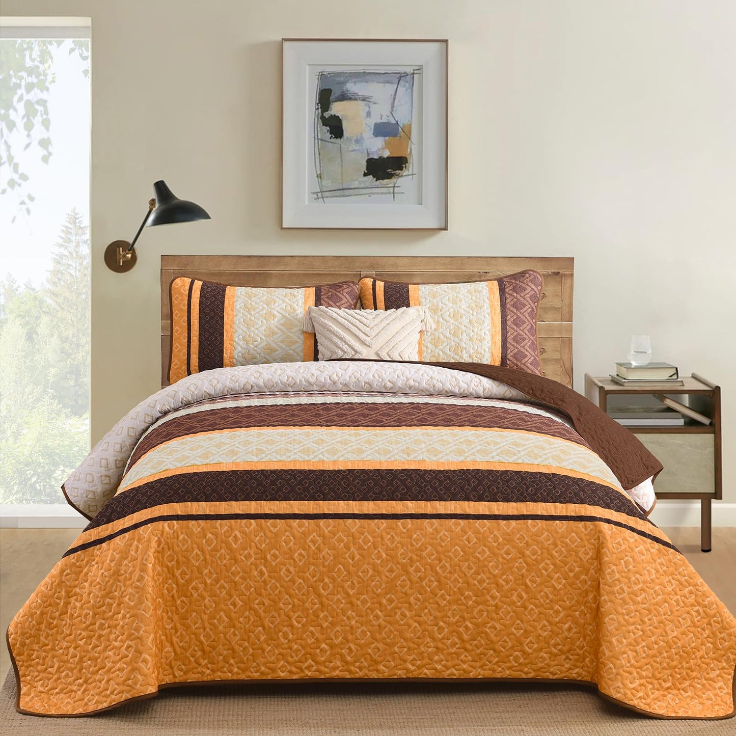 Dinjoy Boho Queen Quilt Set, Soft 3 Pieces Striped Bedspreads, Fall Orange Bedding Sets Micofiber Lightweight Quilts with 2 Pillow Shams Coverlet Bed Sets for Women Men 96''x90''
