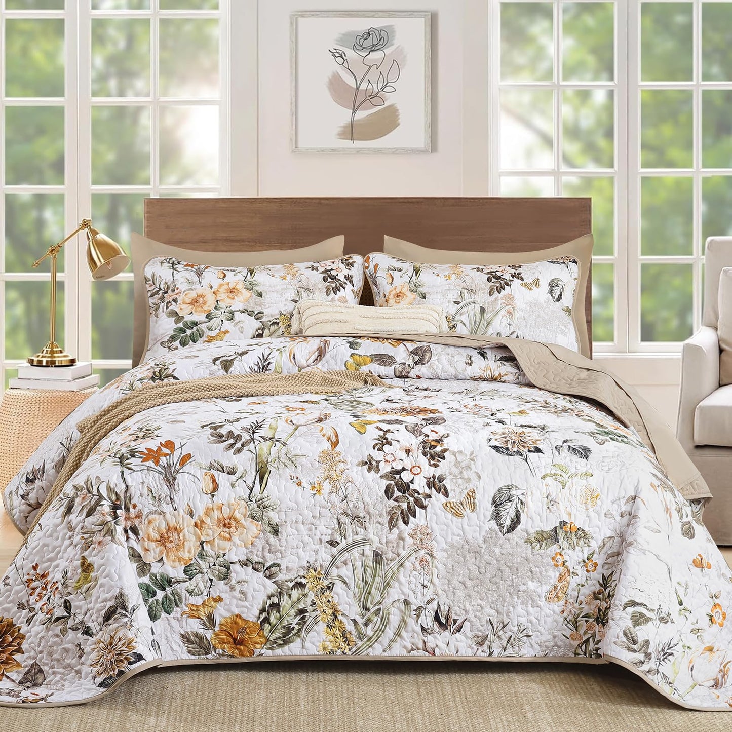 Anibedding Floral Quilt Set Queen Size,Brown Bontanical Quilt Queen Size,Garden Style Bedspread with Soft Lightweight Reversible Coverlet Set for All Season(96"x90")