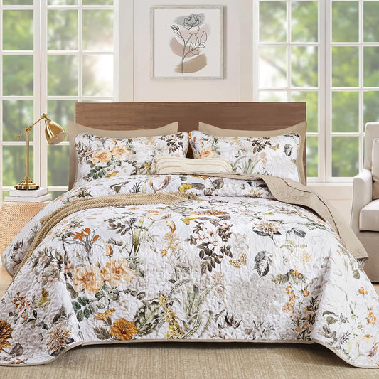 Anibedding Floral Quilt Set Queen Size,Brown Bontanical Quilt Queen Size,Garden Style Bedspread with Soft Lightweight Reversible Coverlet Set for All Season(96"x90")