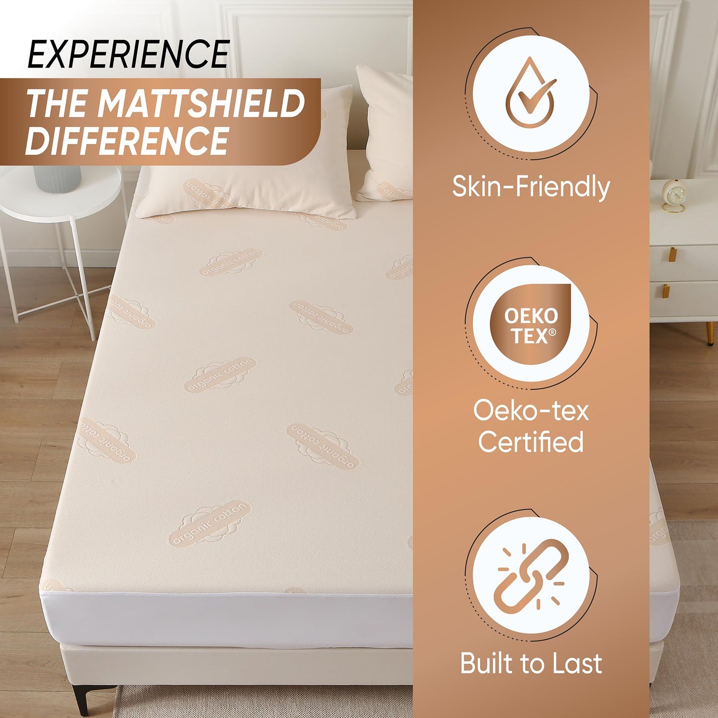 Waterproof Organic Mattress Protector Twin XL Size – Premium Soft Organic Cotton Surface Mattress Cover – Noiseless & Breathable 250 GSM Mattress Pad – Deep Pocket Fitted Design