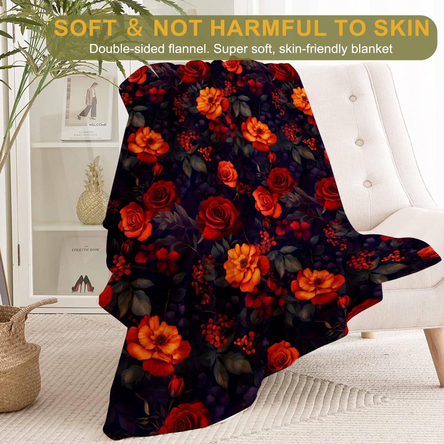 ainori Gothic Red & Orange Rose Flannel Blanket - Dramatic Floral Design with Deep Hue Lush Bloom Throw - Soft Cozy Gifts Blankets for Elegant Decor, Flower Lovers, Room Home Accent 50x60in