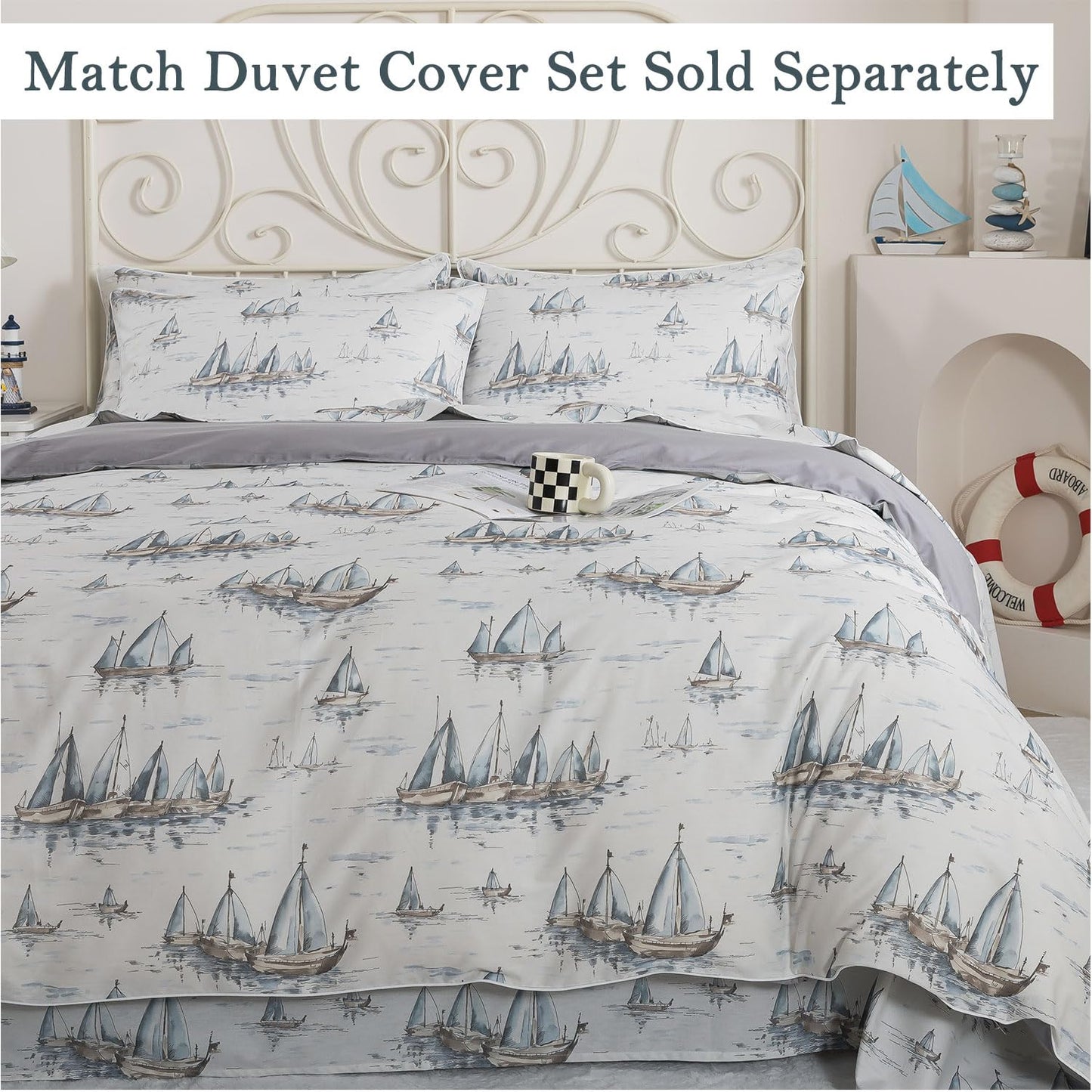 FADFAY Premium 100% Cotton Sheet Set Queen – Coastal Nautical Sailboat Bedding, Soft Gray Seaside Harbor Print, Soft Breathable Cooling Bed Sheets, Deep Pocket Luxury Coastal Bedding 4 Piece